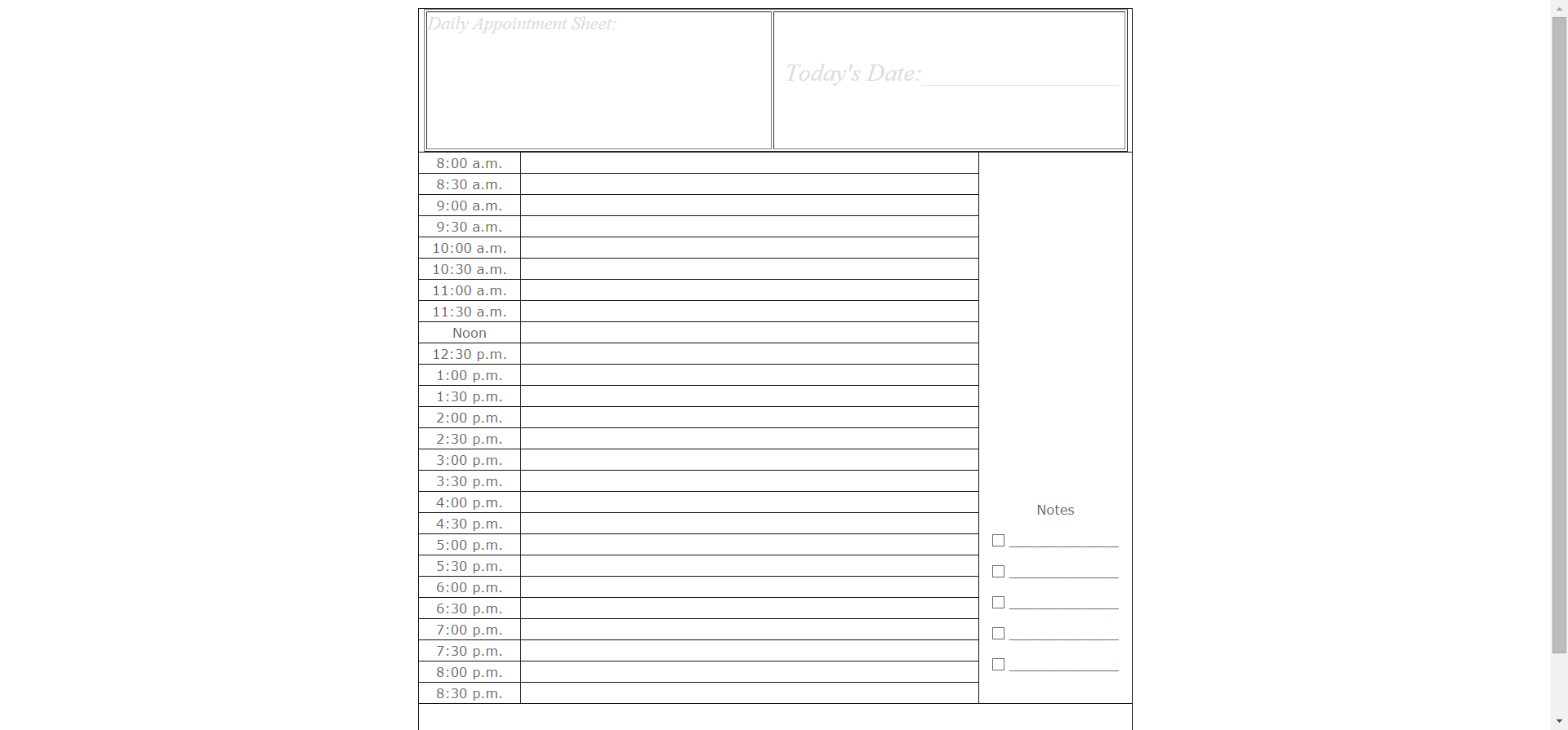 Daily appointment sheet template